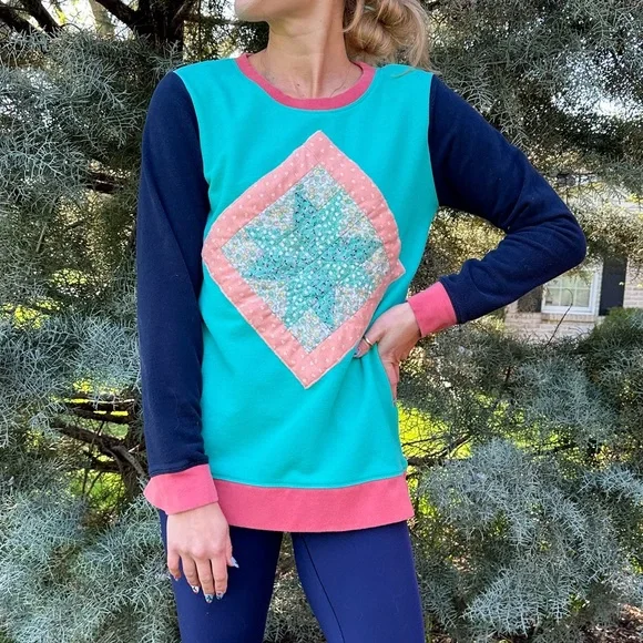 Retro 80s Quilt / Patchwork Crewneck Sweatshirt - Picture 2 of 9